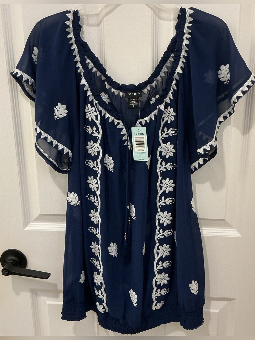 Torrid Navy Embroidered Peasant Top